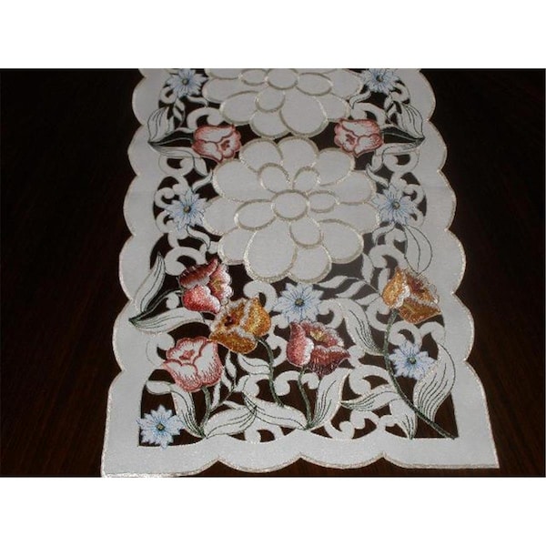 Fastfood LY0046-1472 13 x 72 in. Embroidered Tulips Cutwork Table Runner, Ivory FA2570257 - main